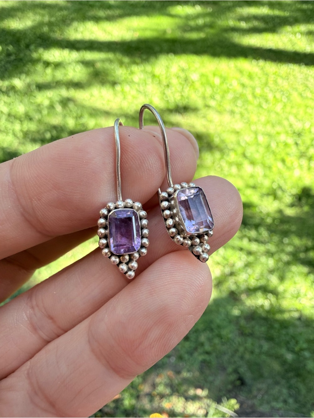 Sterling Silver Amethyst Drop Earrings - Purple
